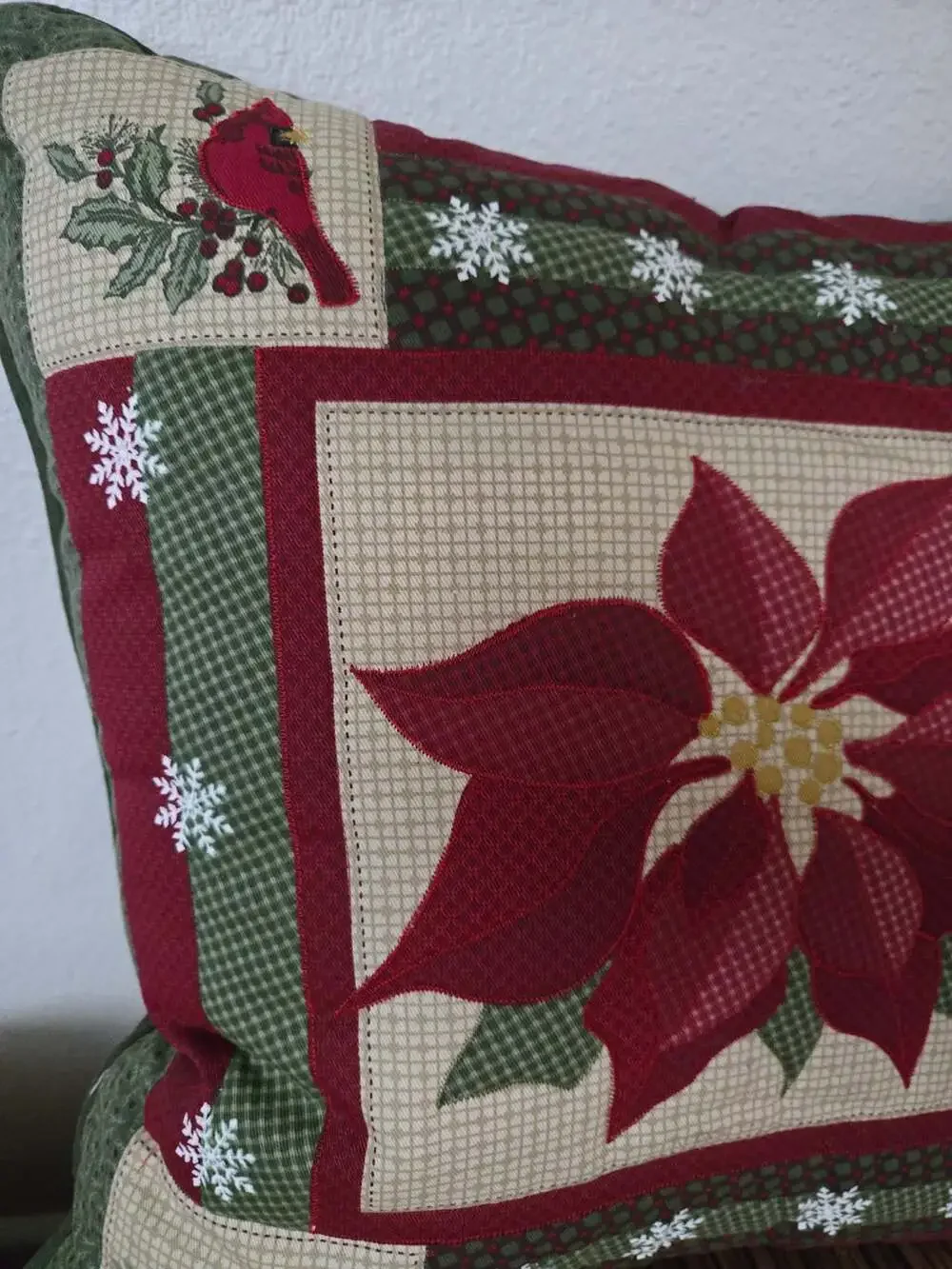 Christmas Poinsettia Cardinal Patchwork Throw Pillow 16 x 16